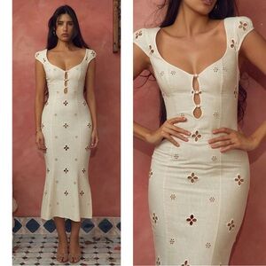 Mirror Palais Maria Linen Floral Cutout Cap Sleeve Leite White Midi Dress Size S